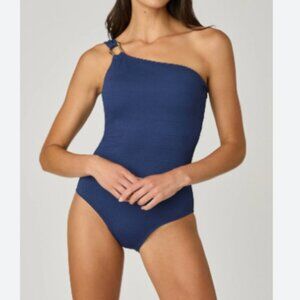 Shoshanna Ring One Shoulder Textured Navy Blue Geo One Piece Swimsuit Size 10